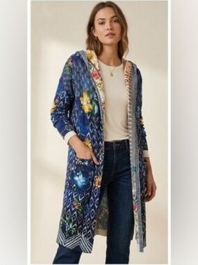 JOHNNY WAS Cotton Cashmere Printed Duster Hoodie Cardigan Size XL